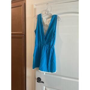 Romper turquoise white La e trim. L. 33” from shoulder to hem elastic waist